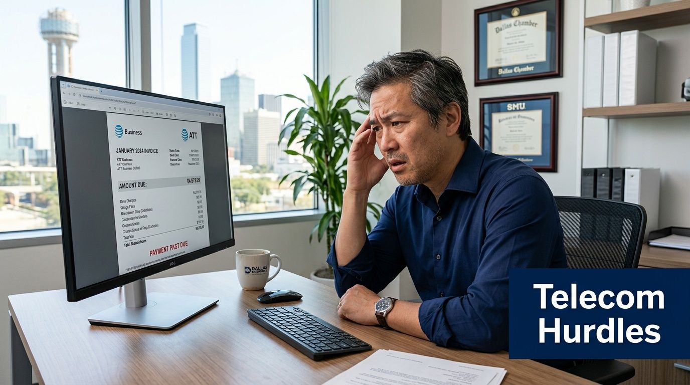 Stressed professional reviewing a past due business invoice on a computer screen in a Dallas office.
