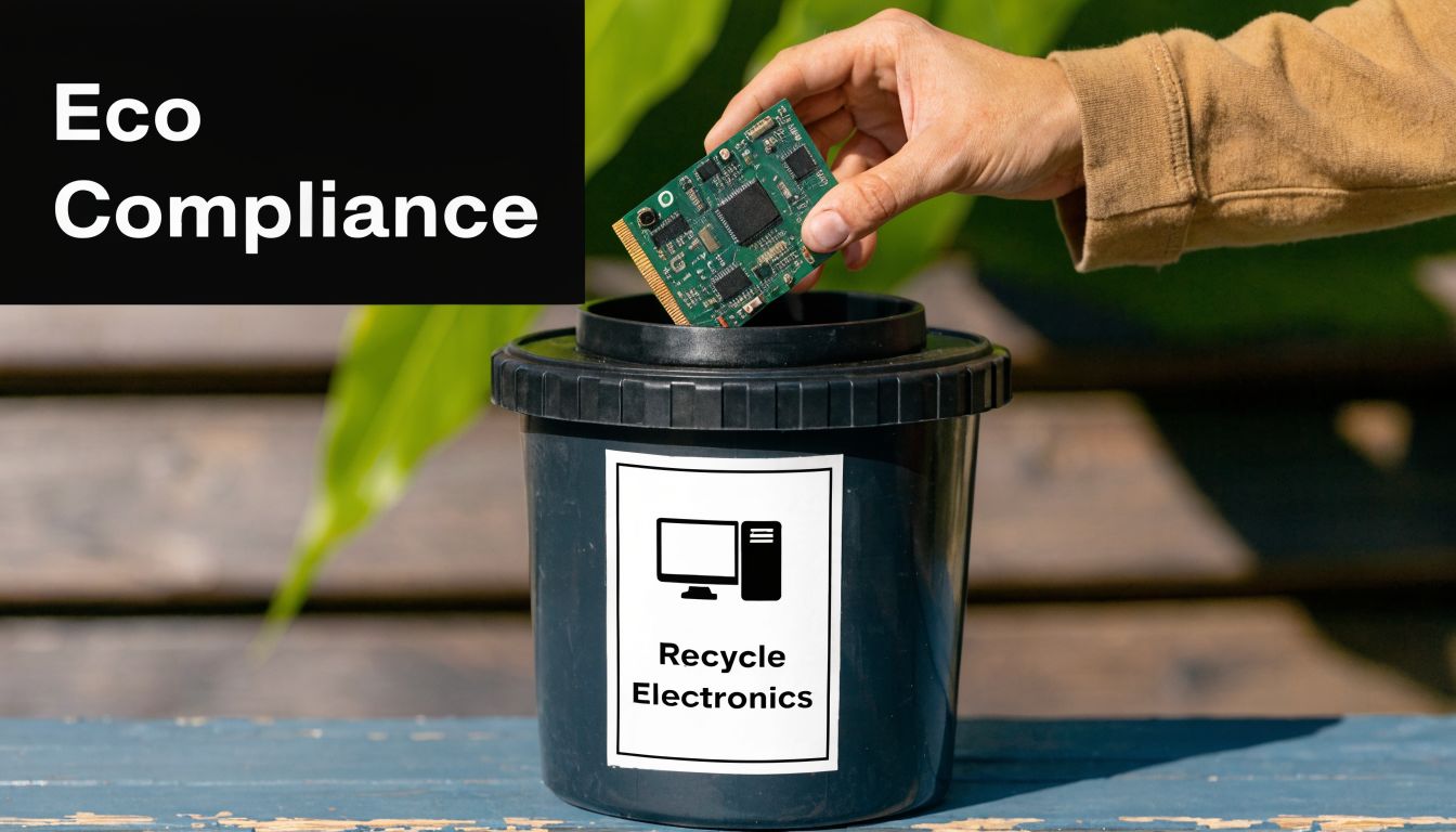 A person placing a green computer circuit board into a bin labeled for recycling electronics.
