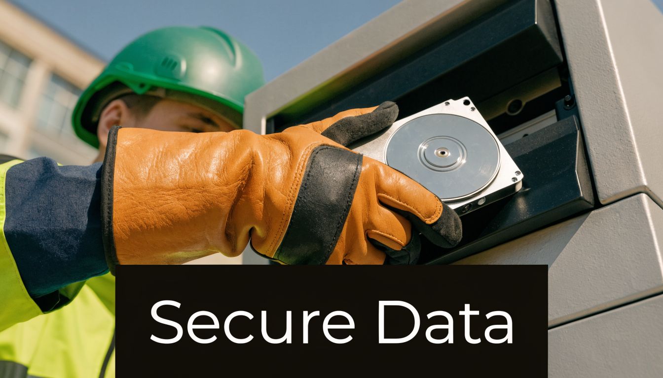 A technician wearing safety gear removes a hard drive from industrial telecom server equipment for disposal.
