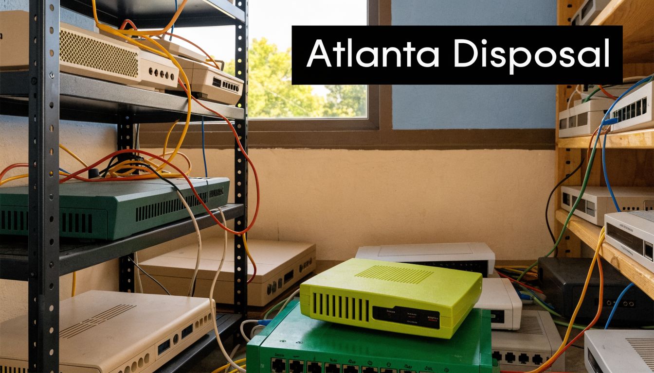 A collection of old routers, switches, and telecom equipment stacked on metal shelves for electronics recycling.