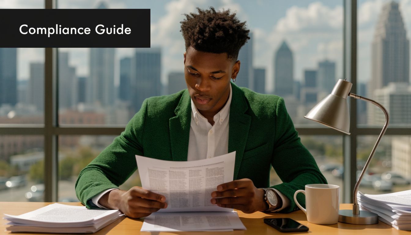 A professional man in a green blazer reviewing compliance documents at a desk in an office.