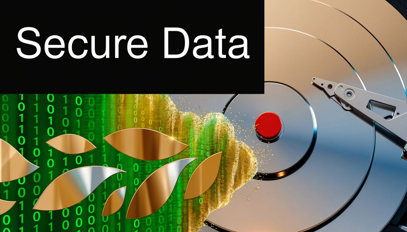 A conceptual graphic illustrating digital data security with a hard drive, binary code, and floating metallic leaves.