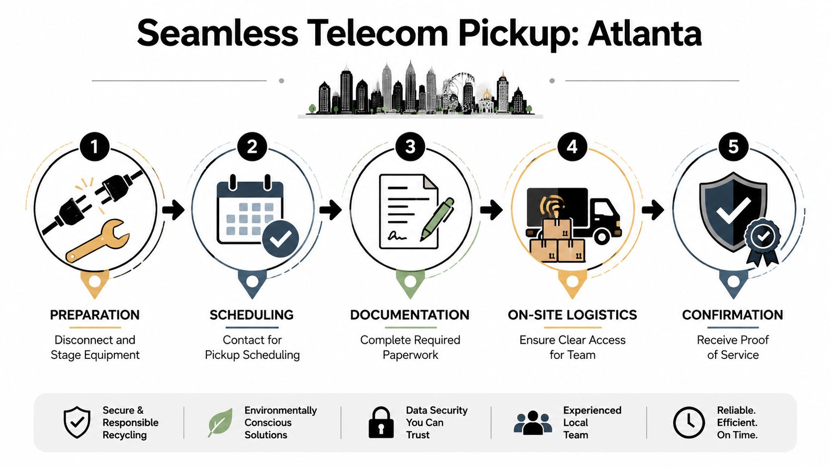 A 5-step process infographic for telecom equipment pickup services in Atlanta, Georgia, illustrating preparation through service confirmation.