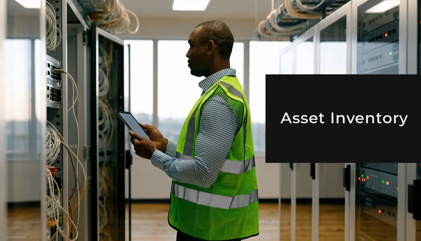 A professional technician wearing a safety vest inspects IT infrastructure and network server racks using a tablet.