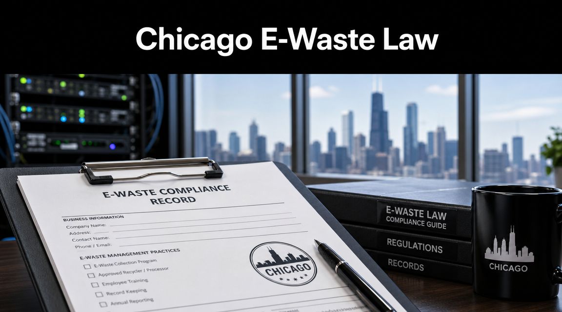 A clipboard featuring an e-waste compliance record form sits on a desk overlooking the Chicago skyline.