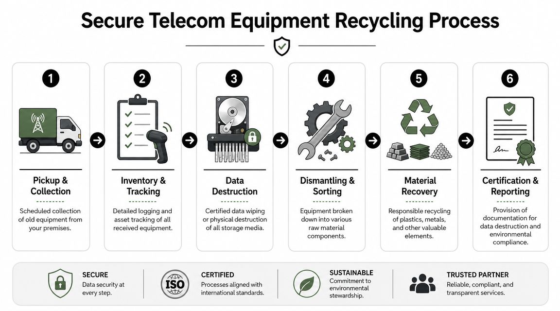 A six-step infographic detailing the secure telecom equipment recycling process from pickup to final certification.
