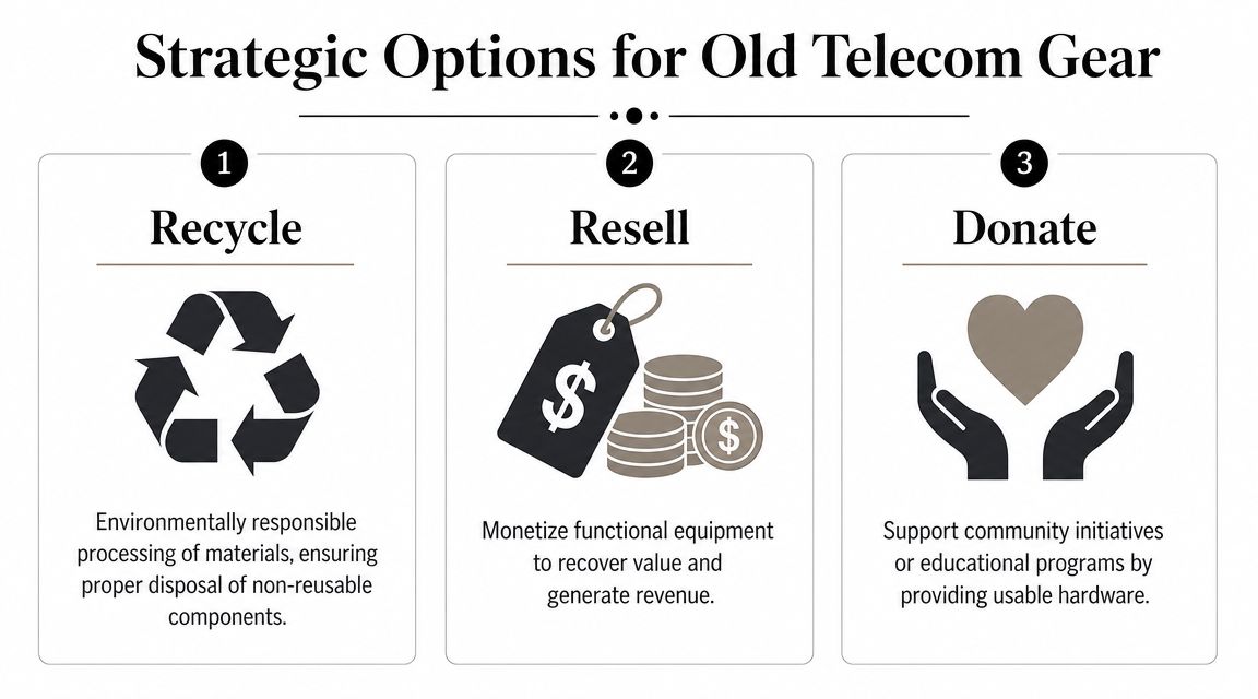 A strategic infographic outlining three options for handling old telecom gear: recycle, resell, and donate.