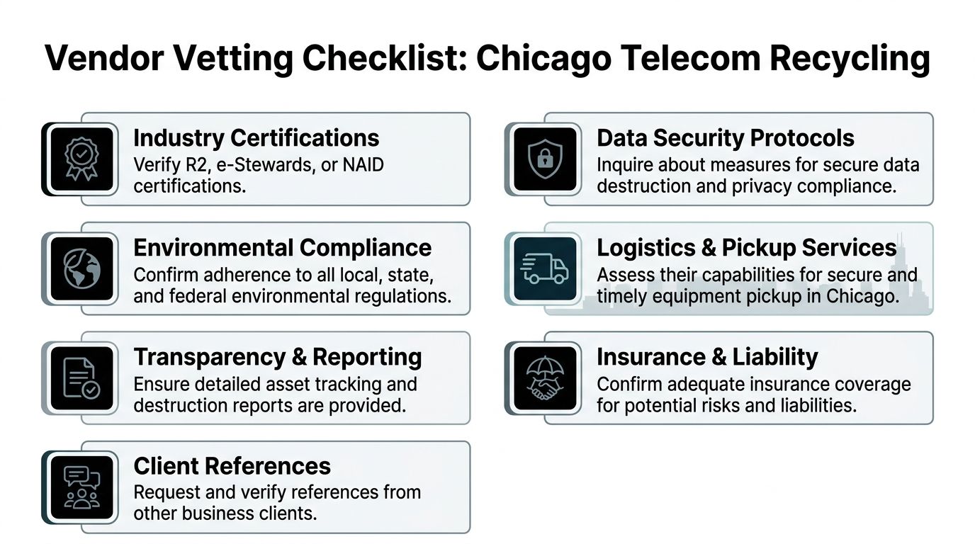 A checklist for vetting Chicago telecom recycling vendors, highlighting key criteria like certifications, security, and compliance.