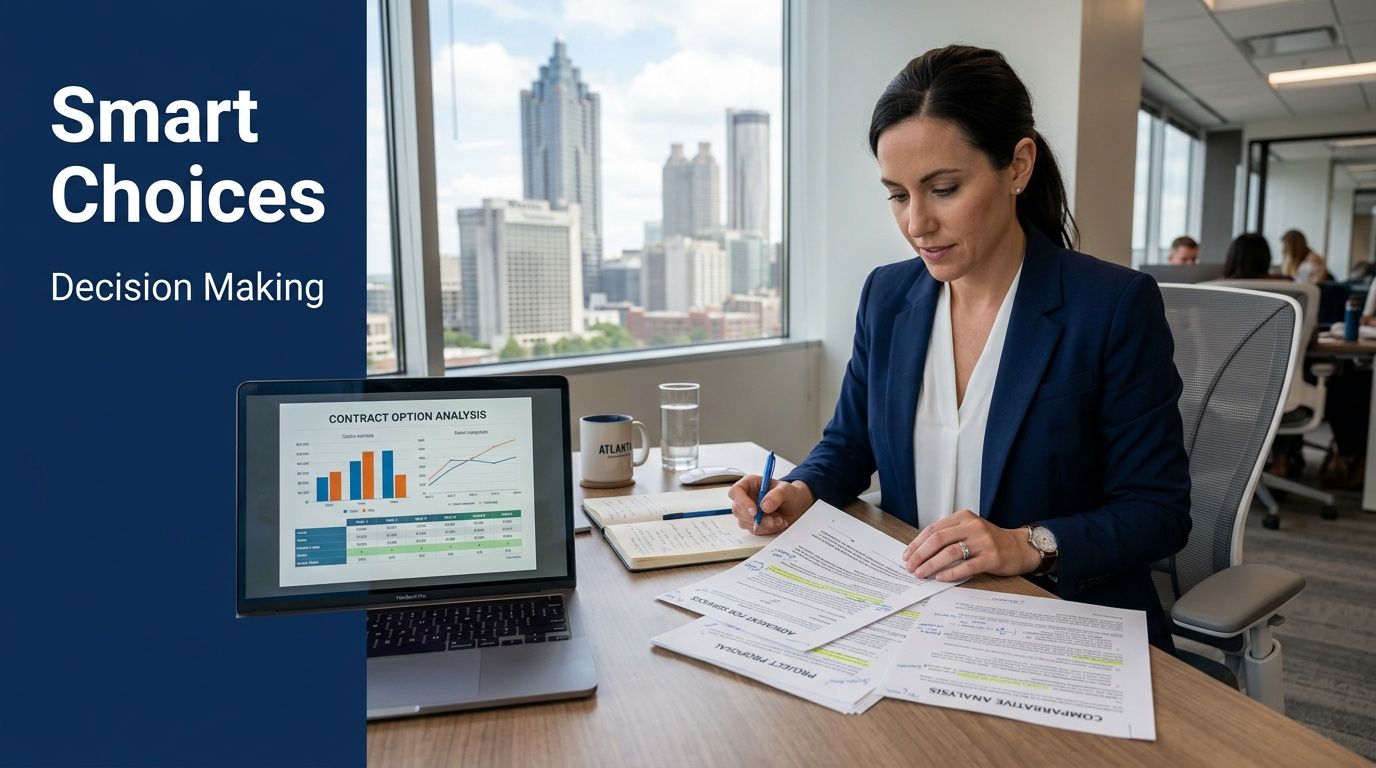 A professional woman in a suit reviewing business documents with a city skyline visible in the background.