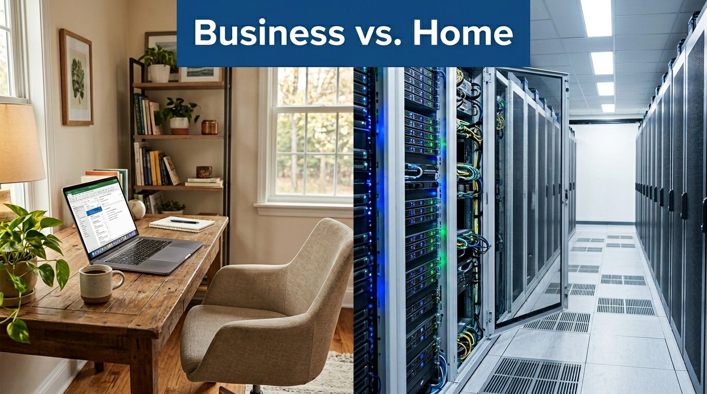 A split image comparing a comfortable home office desk setup with a professional enterprise data server room.