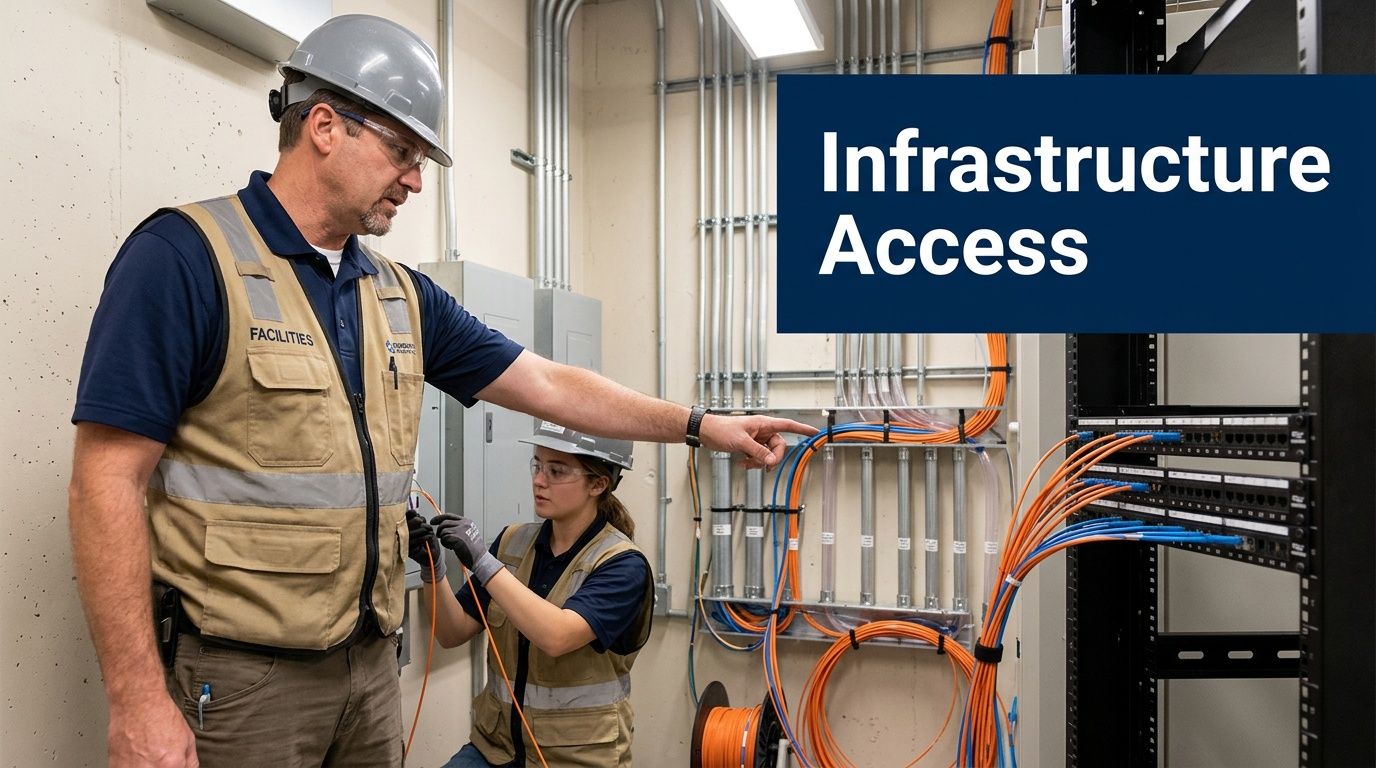 A facilities technician mentors a younger colleague during fiber optic cabling work on an infrastructure rack.