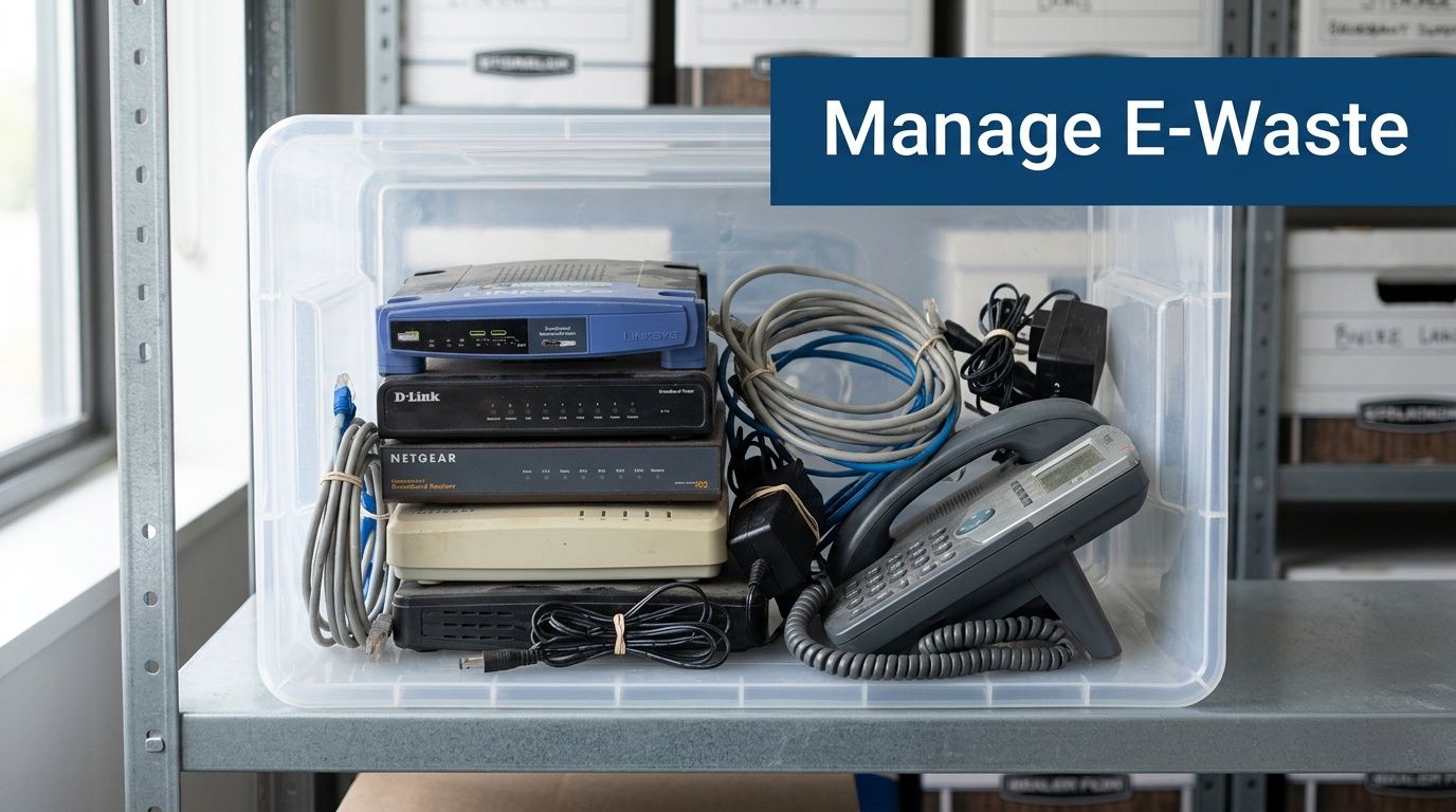 A clear plastic storage container filled with various old networking routers, cables, and a desk telephone.