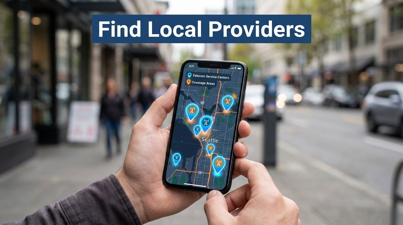 A person holding a smartphone displaying a map application for finding local telecom service providers in Seattle.
