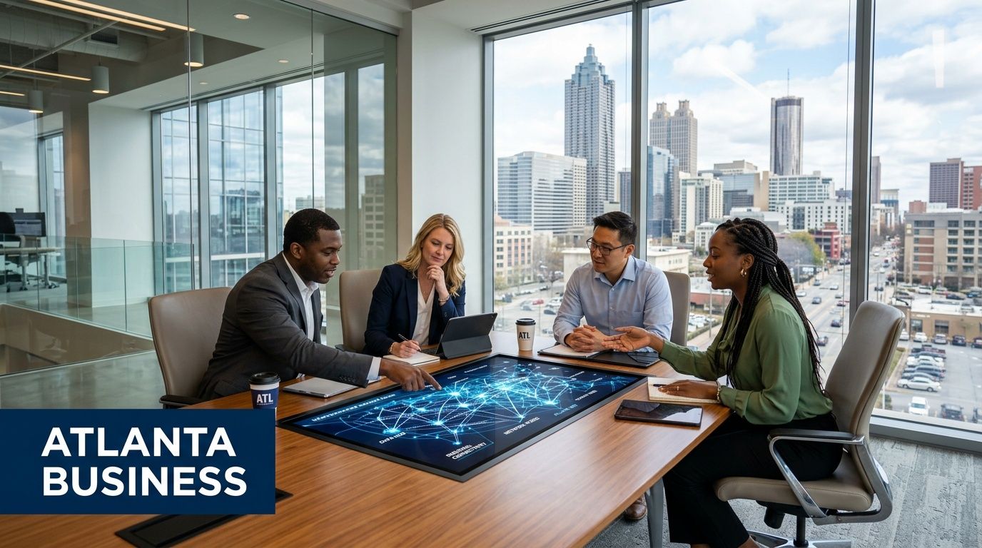 A professional team collaborates around an interactive digital table displaying network connectivity data in an Atlanta office.