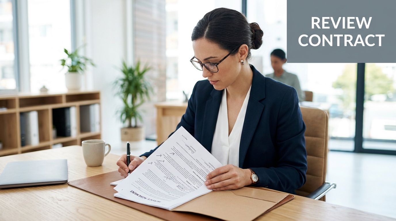 A professional woman in a business suit reviewing a service agreement document at an office desk.
