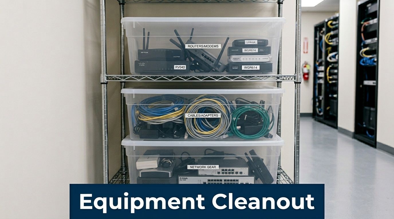A wire shelving unit holding clear plastic bins labeled with various organized network equipment in a server room.