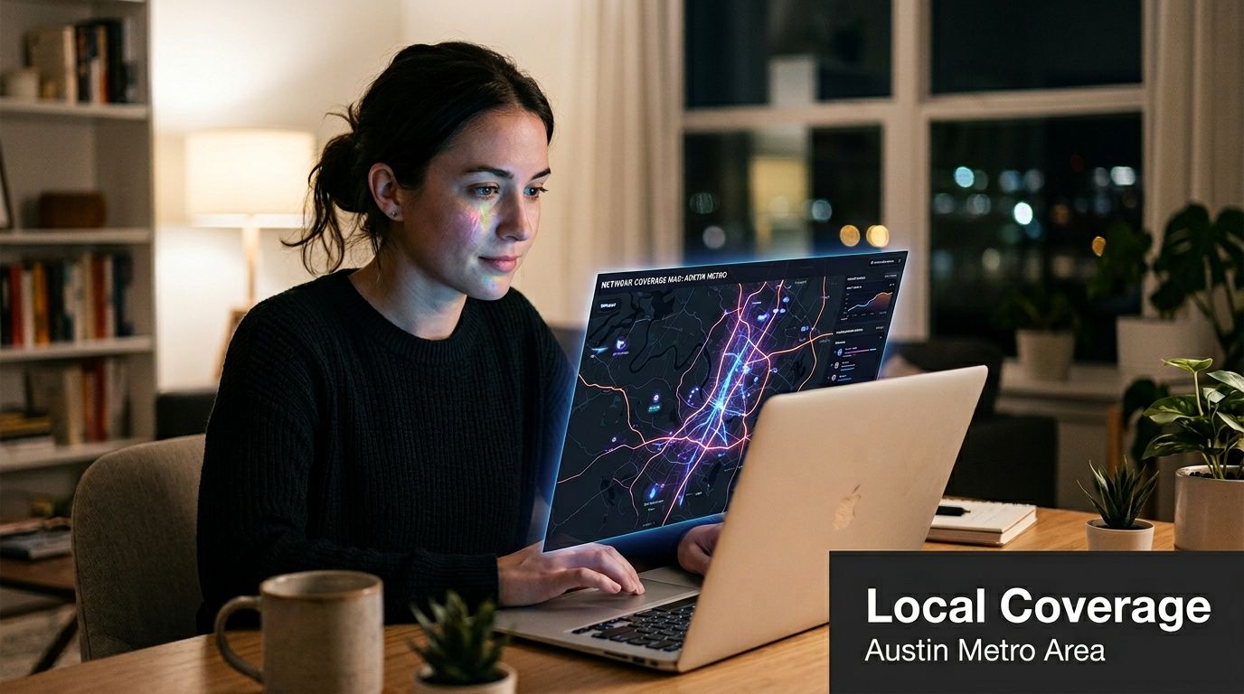 A woman working on a laptop displaying a digital network coverage map of the Austin metro area.