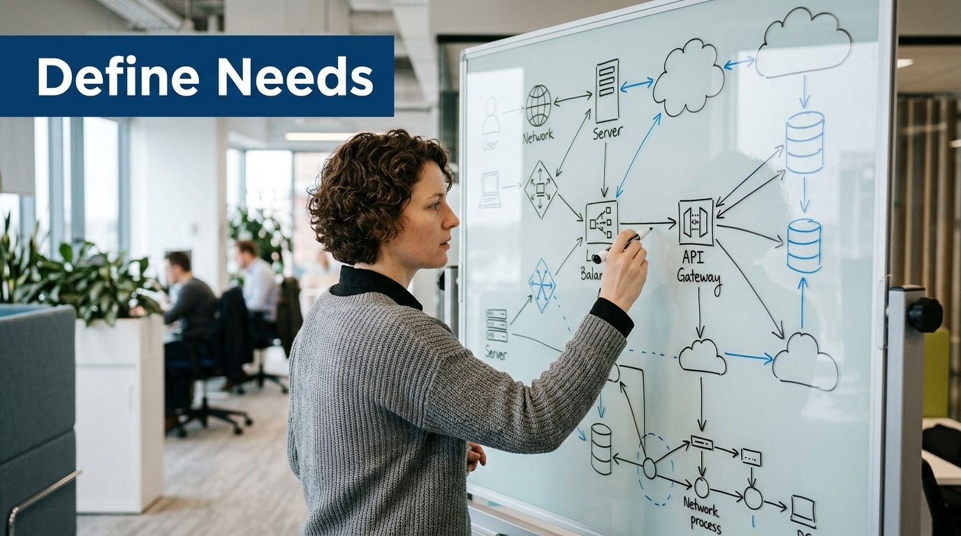 A professional woman draws a technical system architecture diagram on a whiteboard in a modern office.