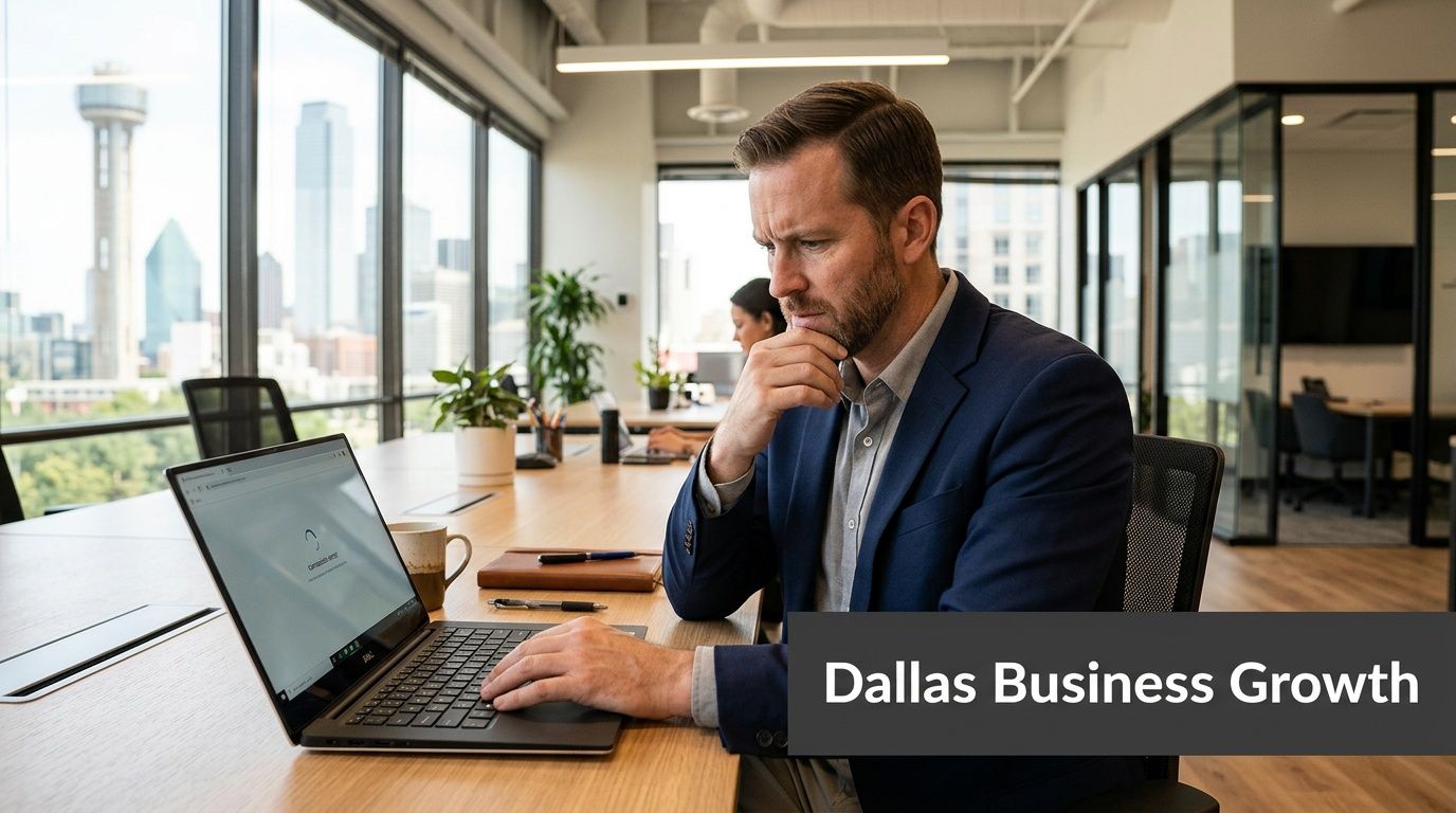 A professional man working on his laptop in a modern Dallas office with city views.