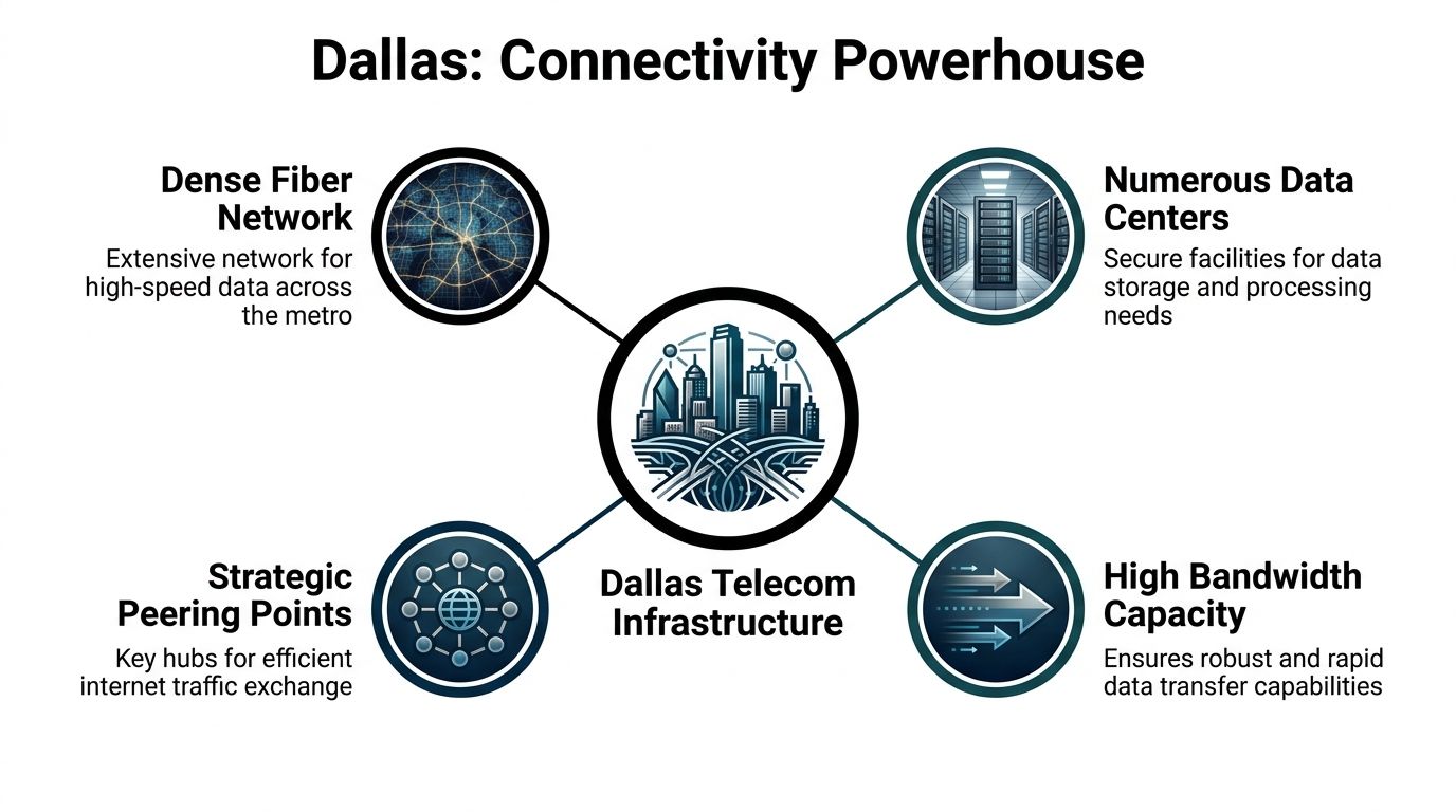 A diagram illustrating the Dallas connectivity powerhouse and its core components of the city's telecommunications infrastructure.