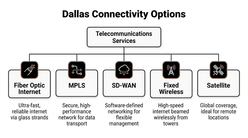 A diagram illustrating five telecommunications services available in Dallas, including fiber optic, MPLS, SD-WAN, wireless, and satellite.