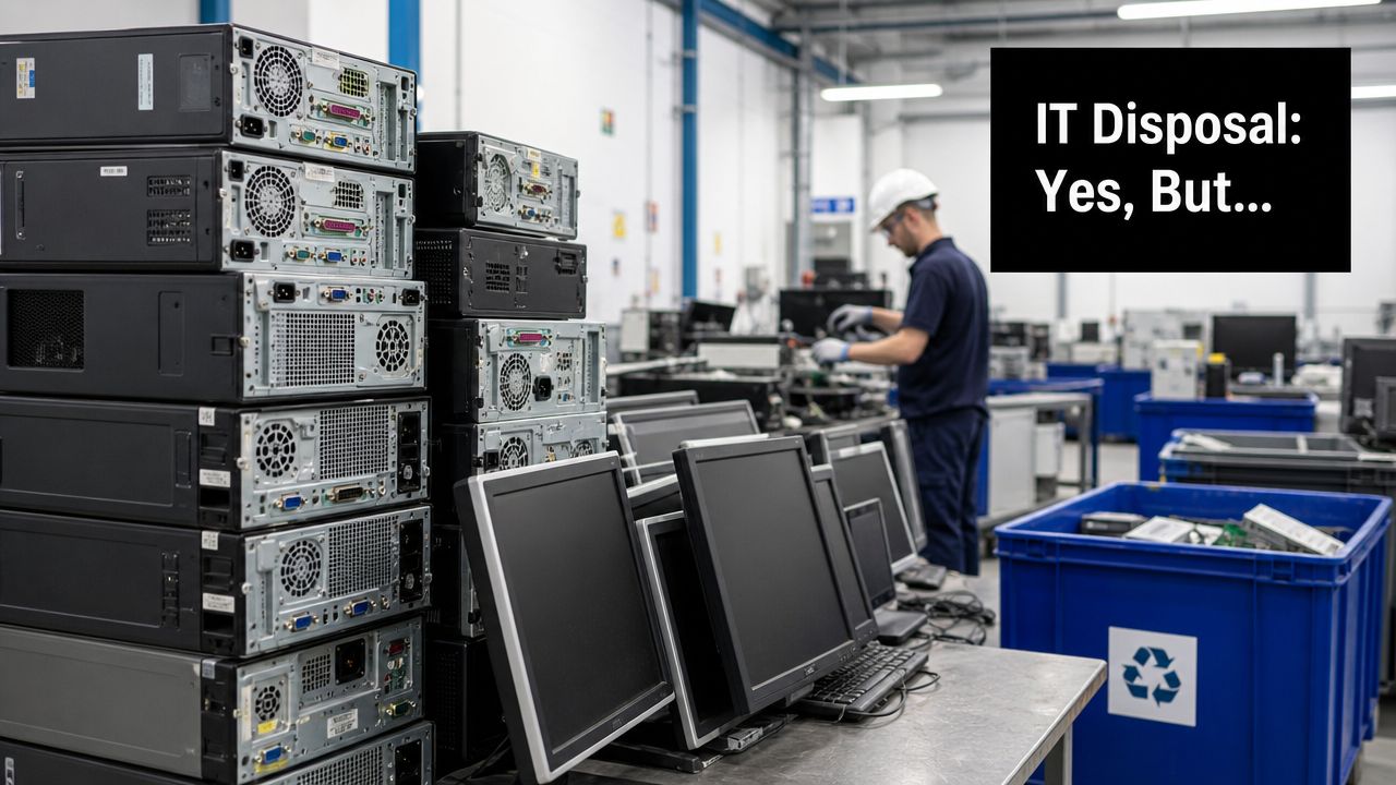 A technician in a warehouse sorting through stacks of old computer towers and monitors for proper disposal.
