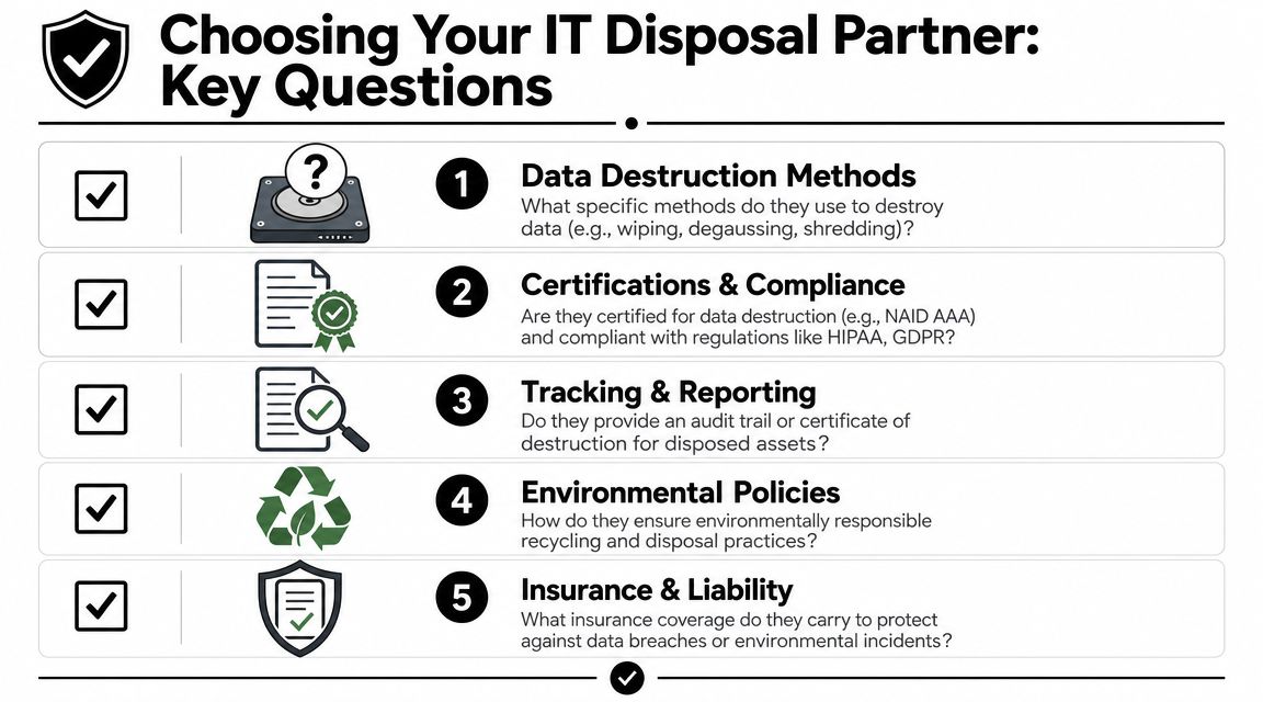 A checklist infographic outlining five key questions for selecting an IT asset disposal and data destruction partner.