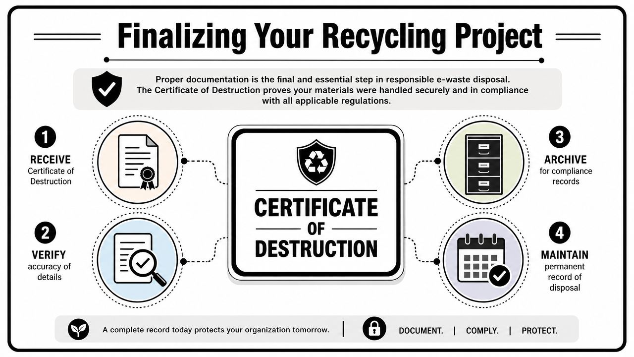 An infographic detailing four steps to finalize an electronics recycling project through a Certificate of Destruction.