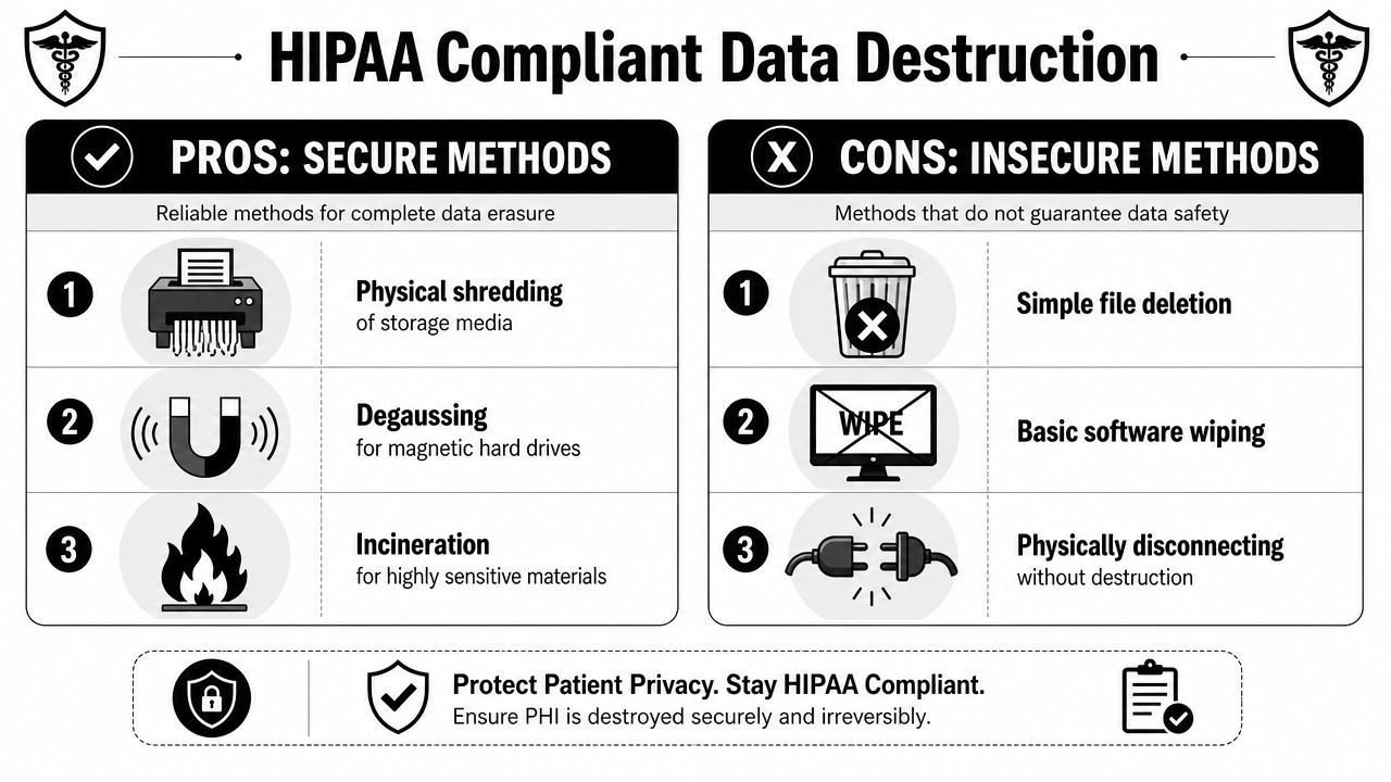 A chart comparing secure and insecure methods for HIPAA compliant medical data destruction of storage media.