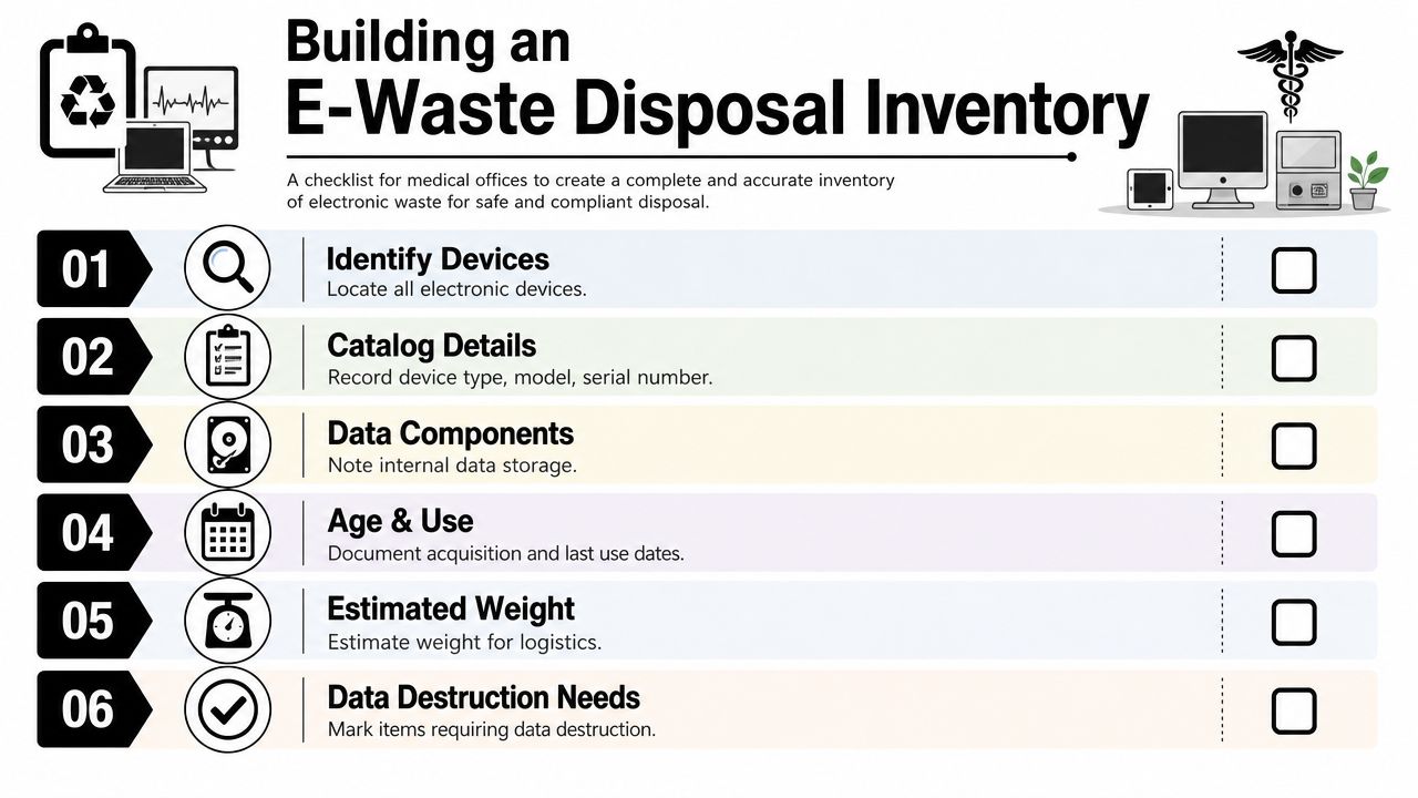 A checklist infographic titled Building an E-Waste Disposal Inventory for medical offices to properly manage electronic waste.
