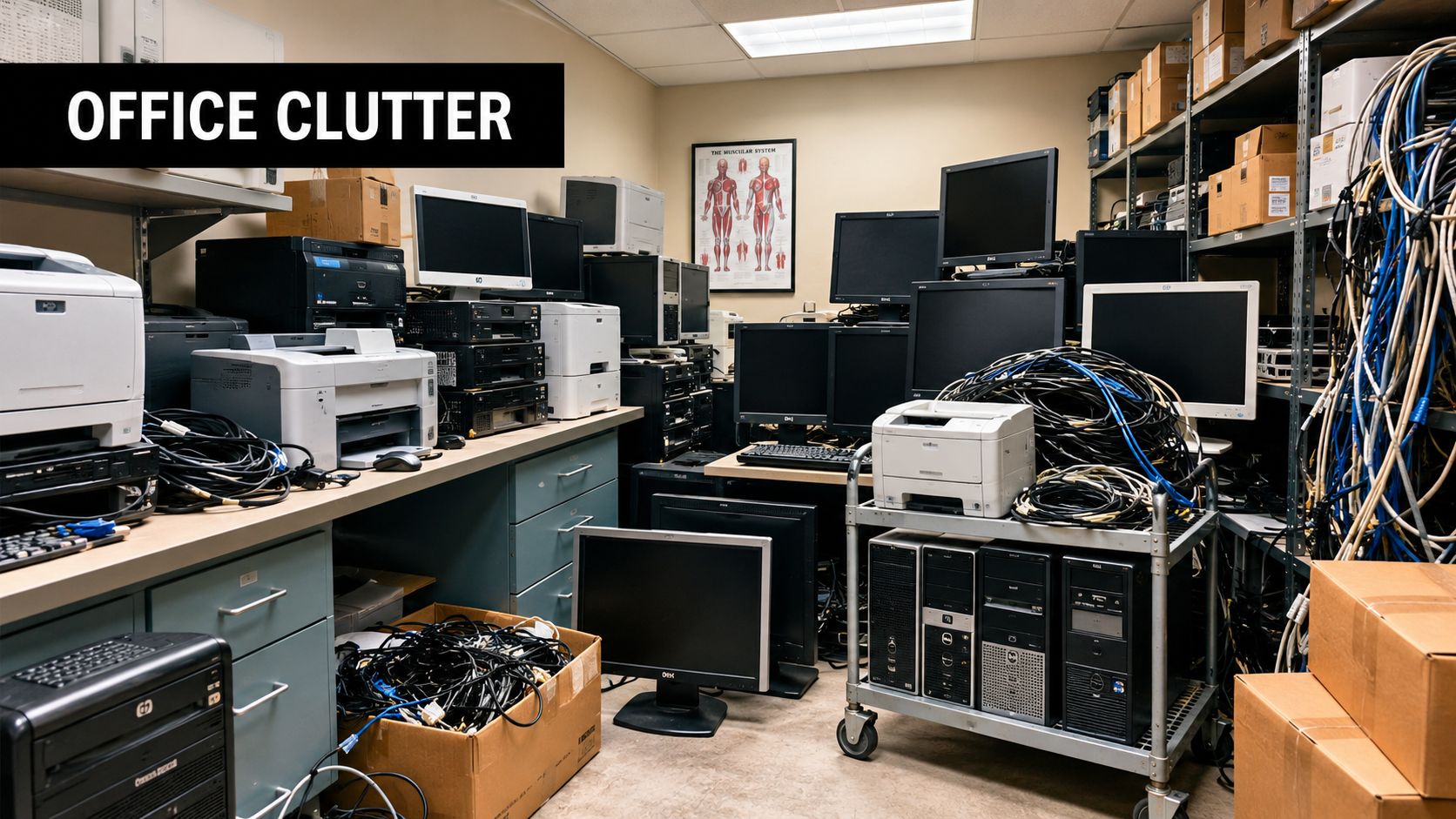 A cluttered office server room filled with stacks of old computers, monitors, printers, and tangled electronic cables.