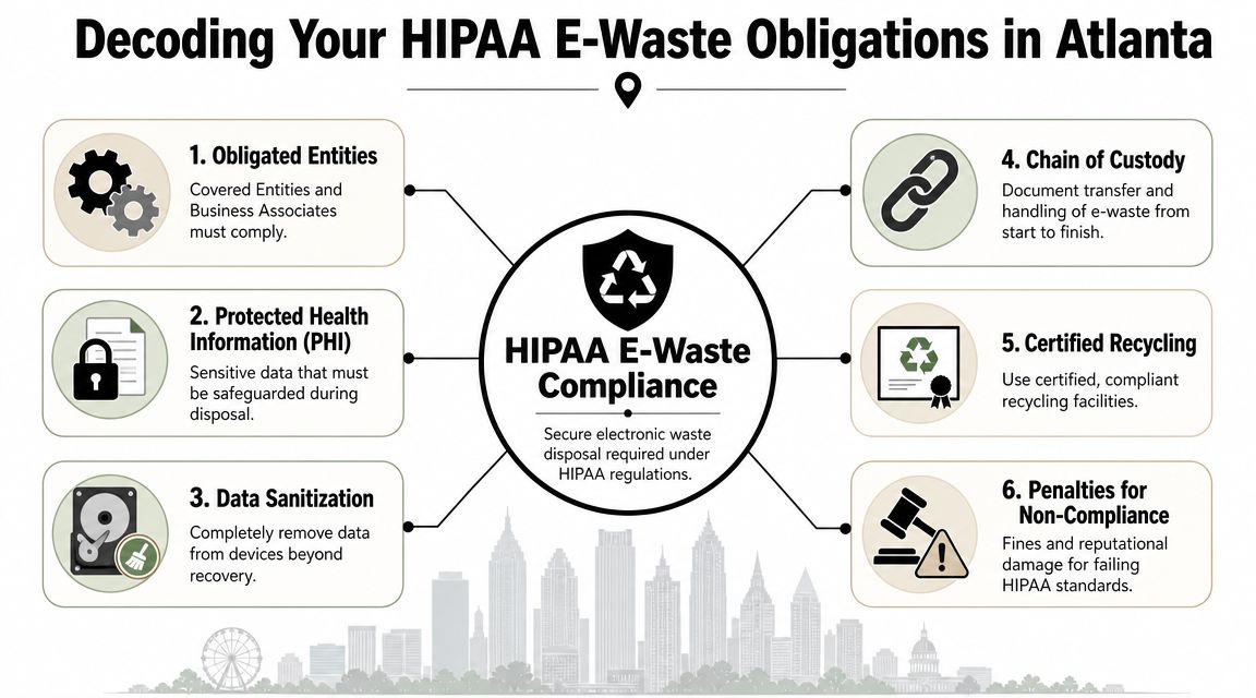An infographic titled Decoding Your HIPAA E-Waste Obligations in Atlanta outlining six key compliance steps for electronic waste disposal.