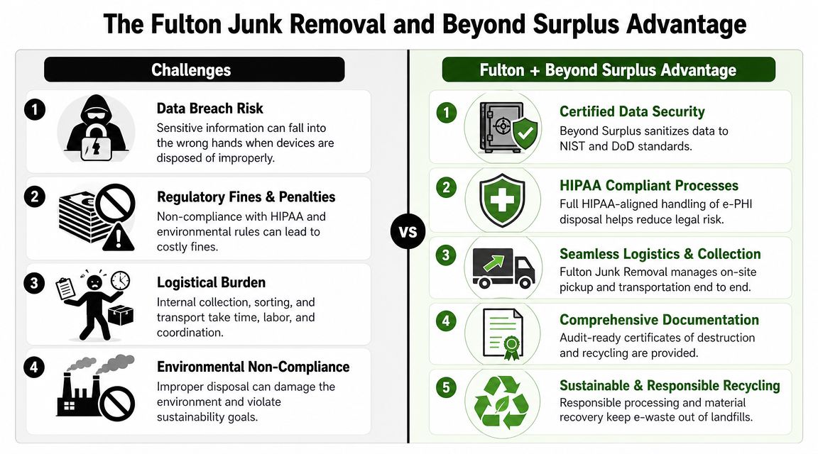 A comparison chart showing business challenges in electronic disposal versus solutions offered by Fulton and Beyond Surplus.