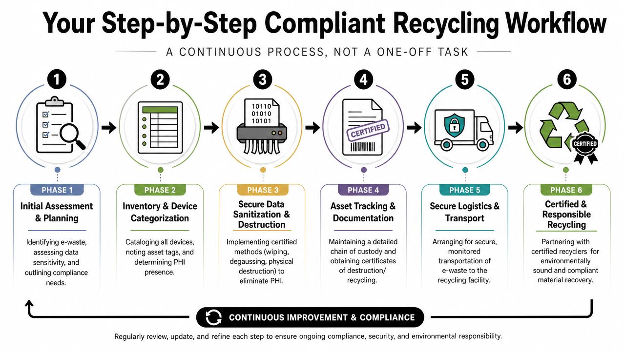 A flowchart showing a six-phase step-by-step process for secure and compliant e-waste recycling and data destruction.