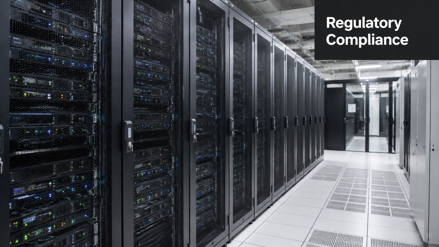 A row of secure server racks in a data center, highlighting the importance of regulatory compliance protocols.