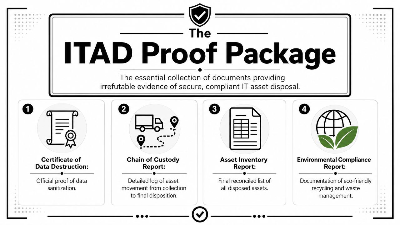 An infographic detailing the four essential components of an ITAD Proof Package for secure IT asset disposal.