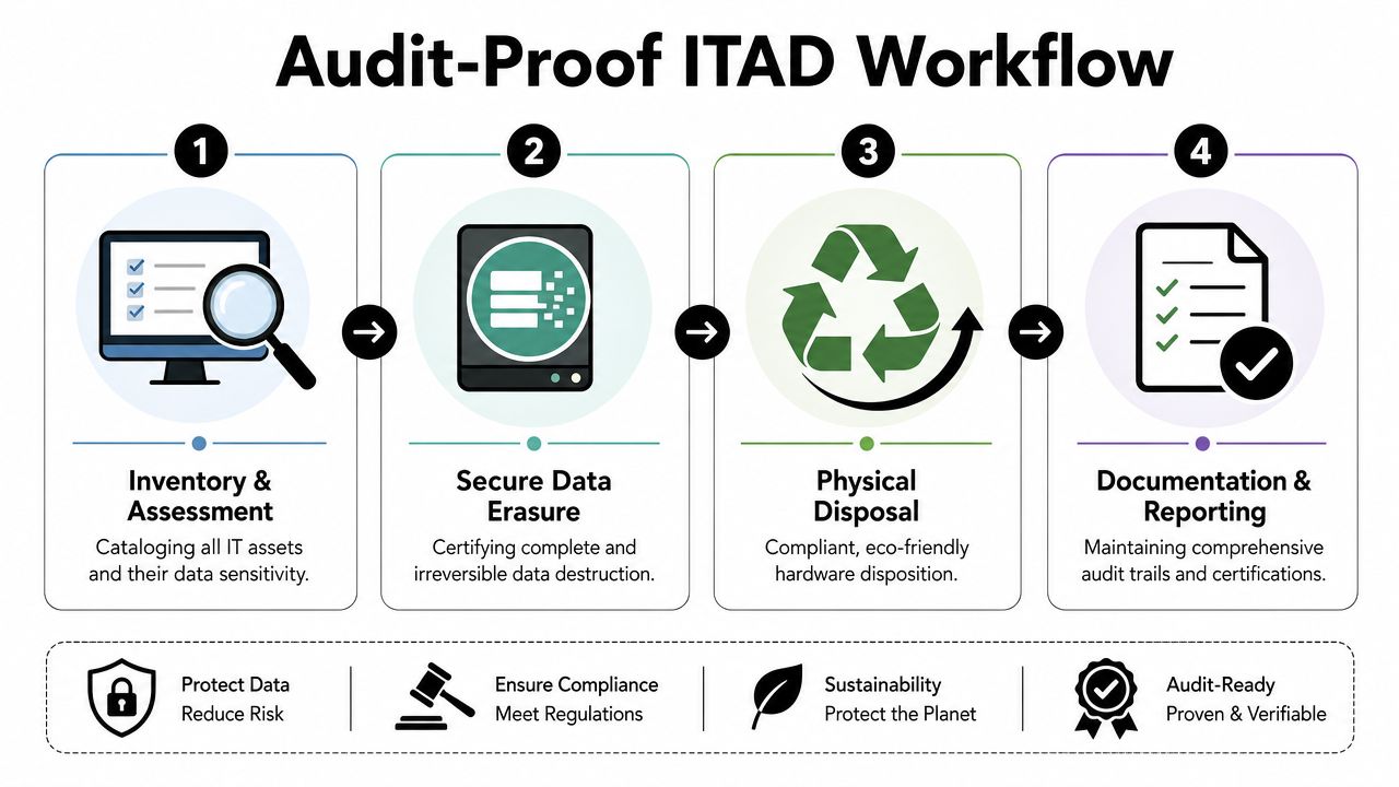 A four-step infographic illustrating a compliant and secure audit-proof IT asset disposition workflow for businesses.
