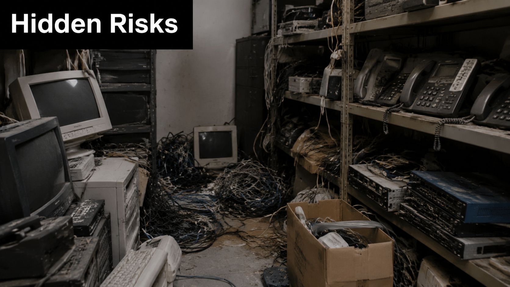 A cluttered storage room filled with outdated IT hardware, tangled cables, old computer monitors, and desk telephones.