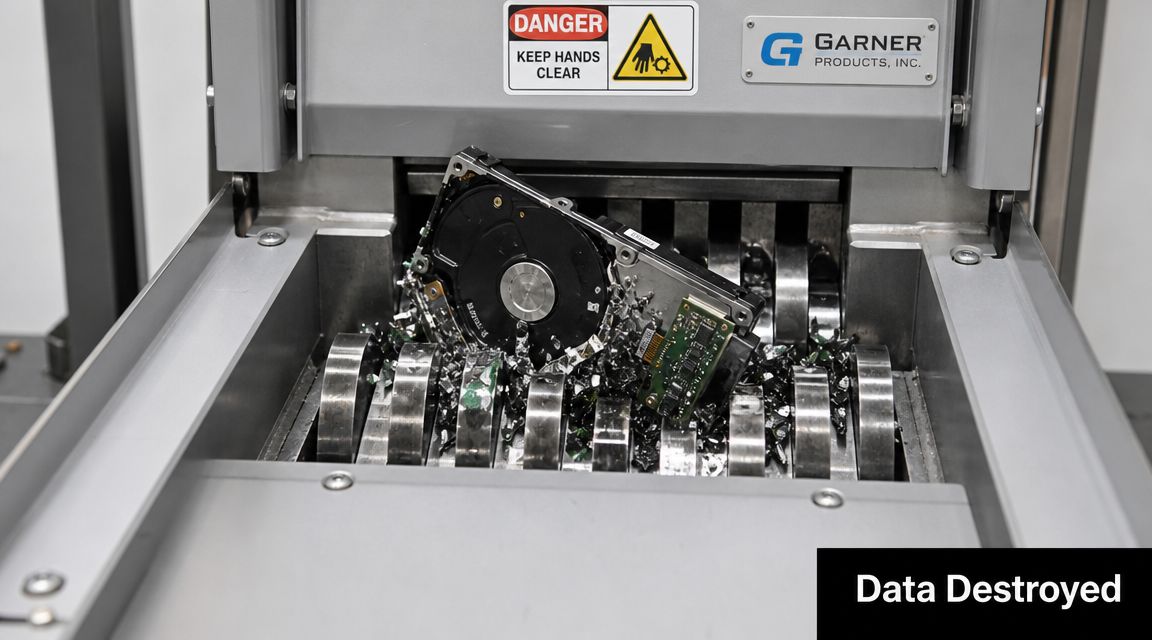 A hard drive being destroyed inside an industrial metal shredding machine to ensure data security.