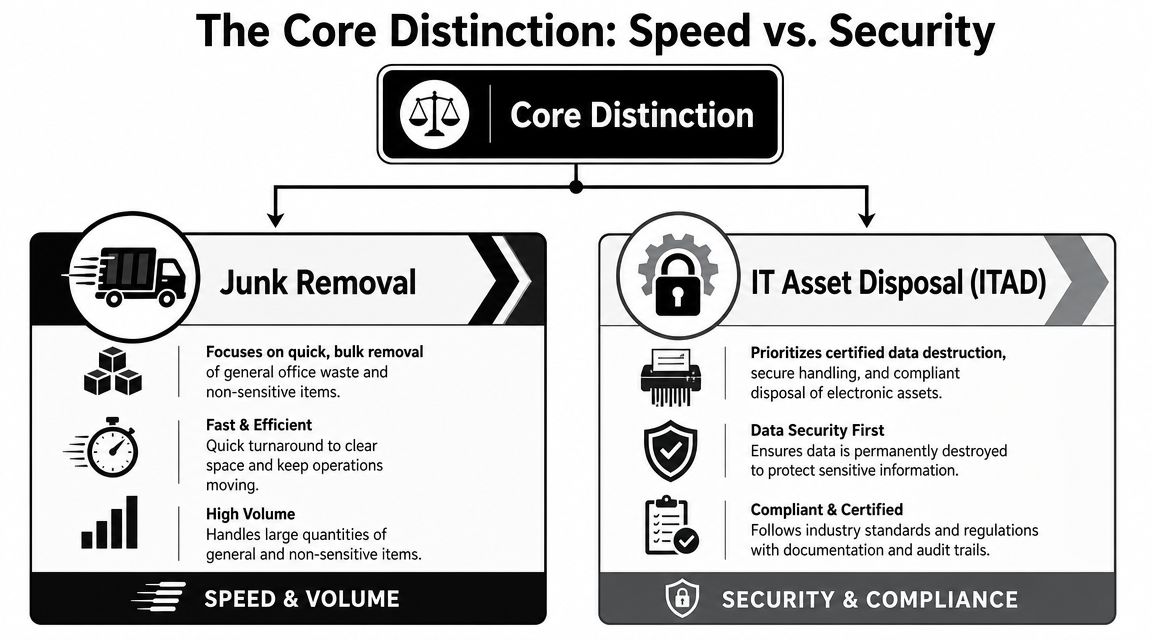 A comparison chart highlighting the core differences between junk removal services and IT asset disposal procedures.