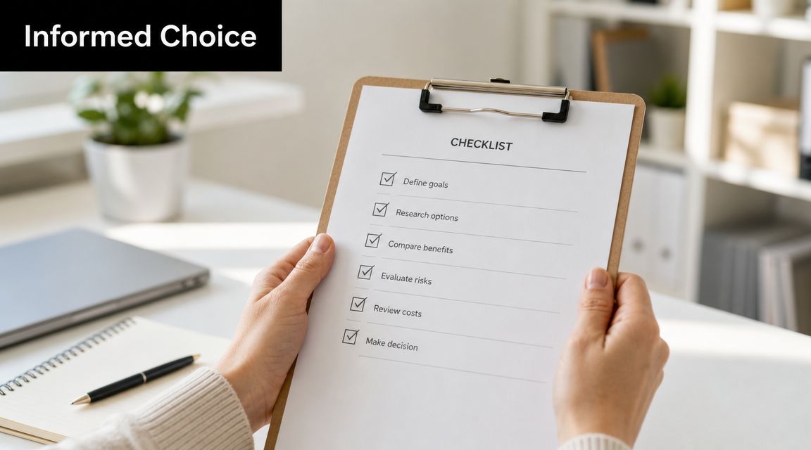 A person holding a clipboard with a checklist outlining steps for making an informed business decision.