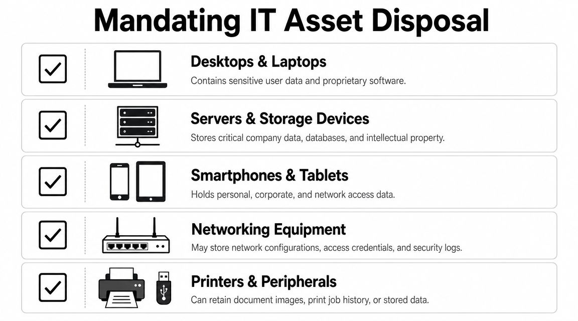 A graphic listing essential IT assets to dispose of securely, including laptops, servers, phones, networking, and printers.
