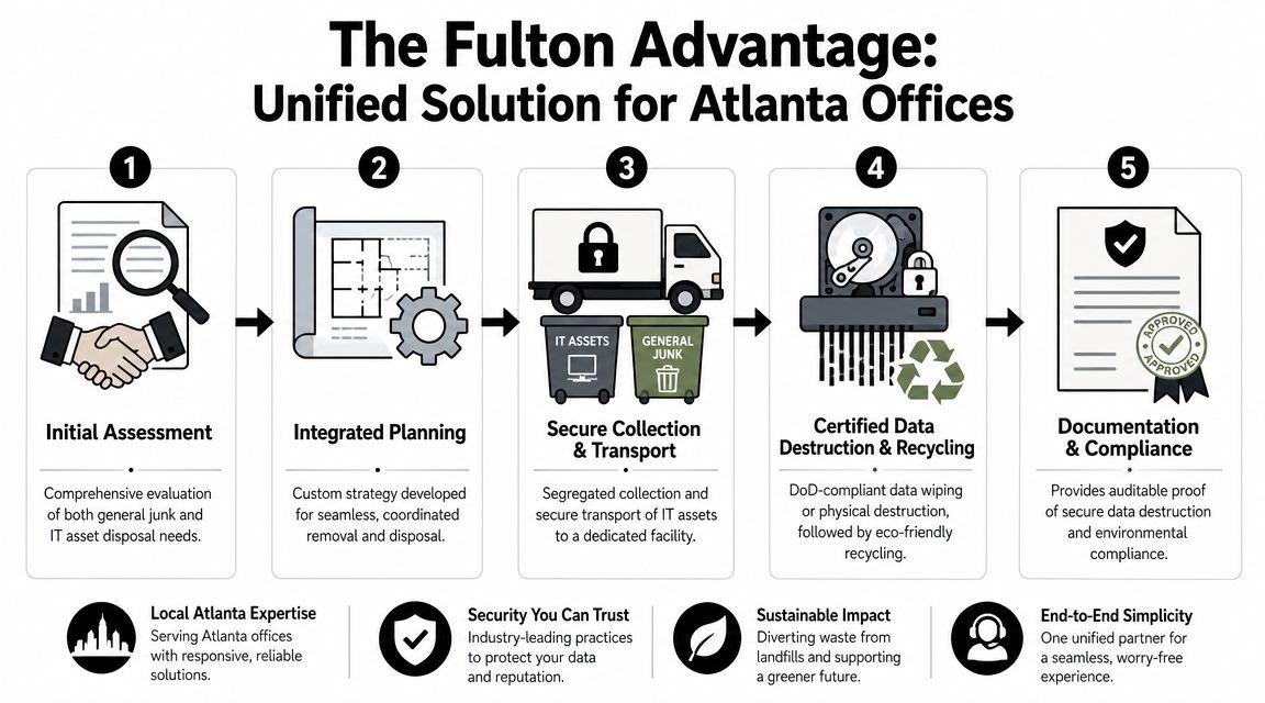A five-step infographic showing the office junk removal and IT asset disposal process in Atlanta.