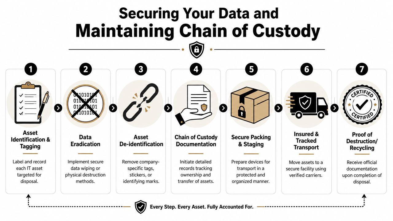 A seven-step process diagram illustrating how to securely dispose of IT equipment while maintaining chain of custody.