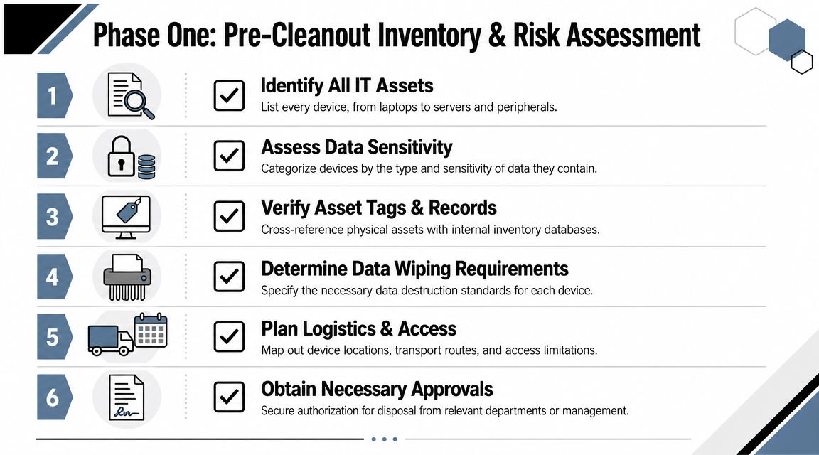 A six-step flowchart infographic outlining the pre-cleanout inventory and risk assessment process for IT equipment disposal.