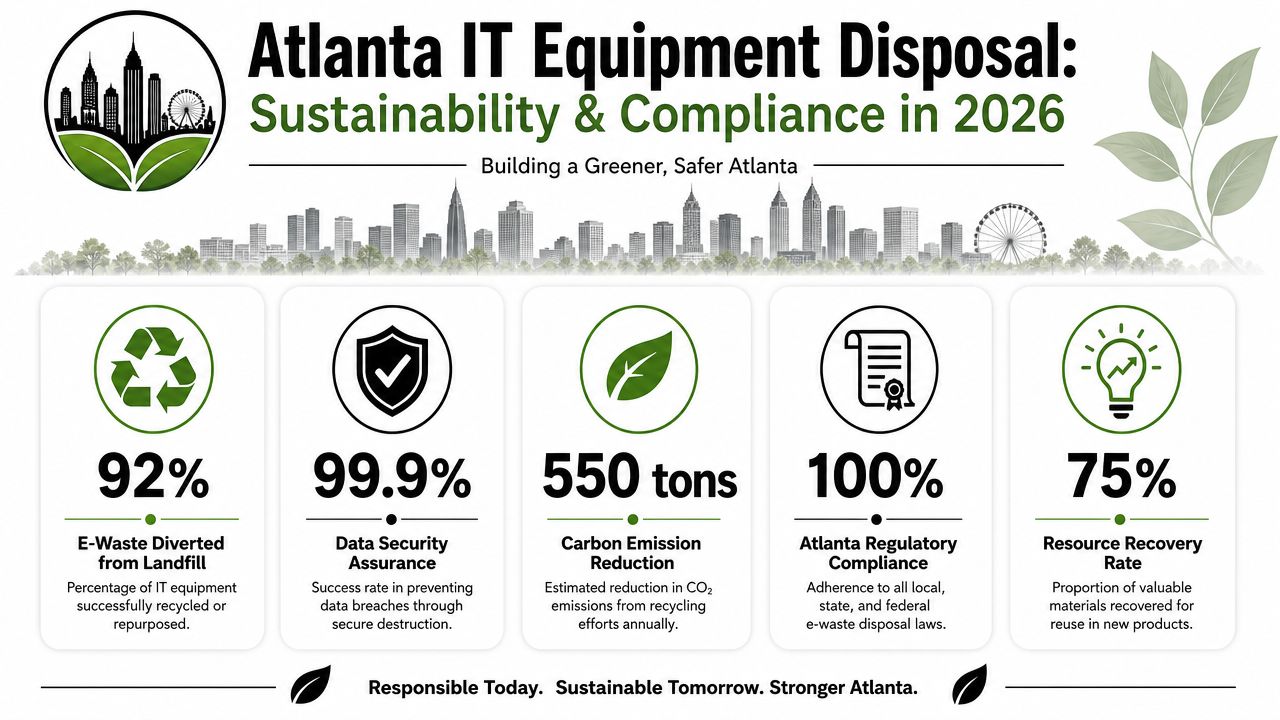 An infographic detailing sustainability and compliance metrics for IT equipment disposal in Atlanta in the year 2026.