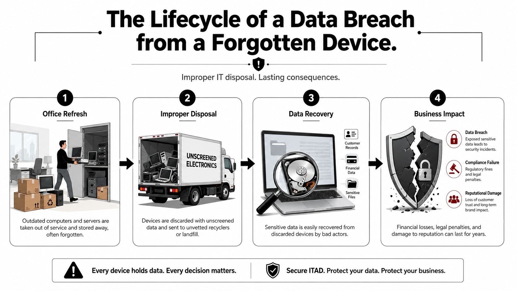 A four-step infographic illustrating the security risks of improper IT disposal leading to data breaches.
