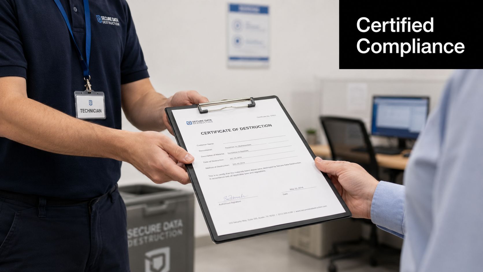 A technician handing a formal Certificate of Destruction document to a client in an office setting.