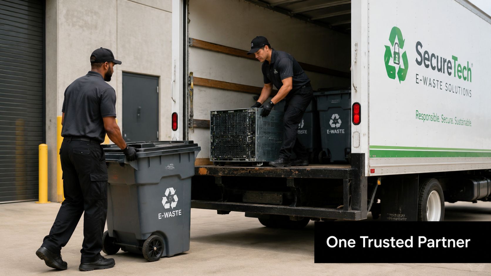 Two workers in uniform loading electronic equipment into a SecureTech e-waste collection truck.